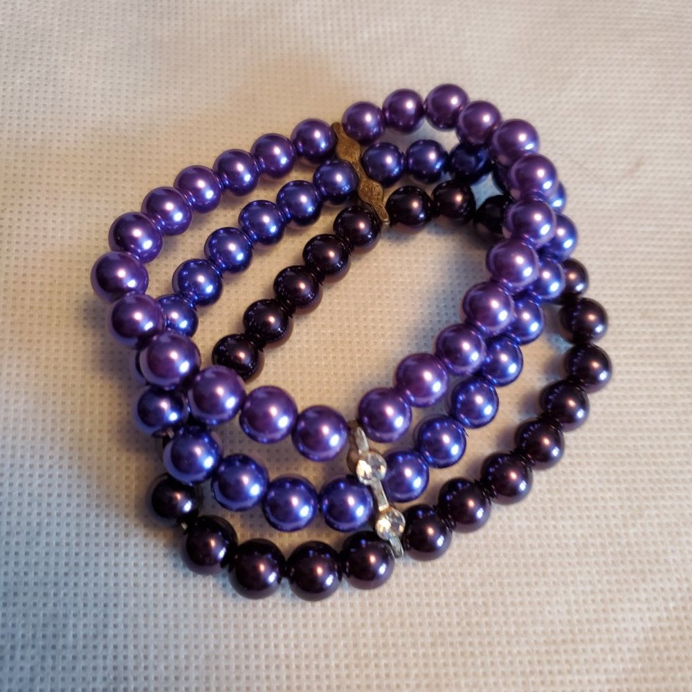 3 Layer Purple Shades Glass Bead Stretch Bracelet